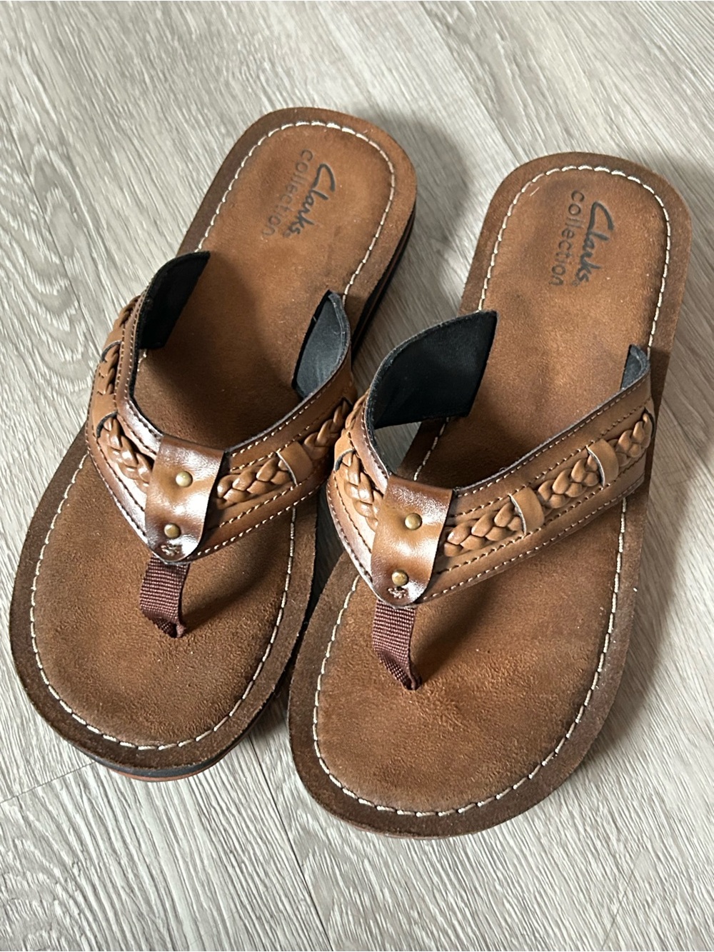 Clarks Fenner Nerice Leather Braided Thong/Flip Flop Womens Size 7 Brown